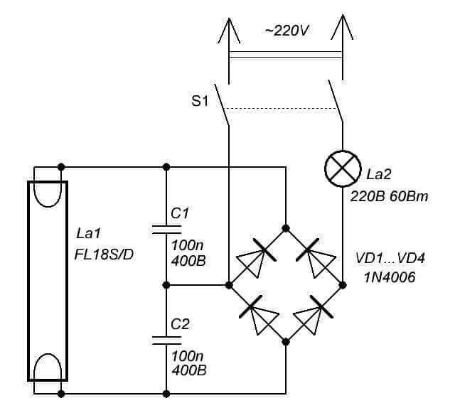 Бесстартерная схема включения люминесцентных ламп