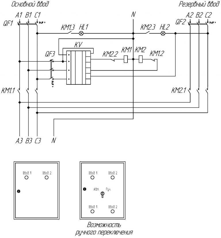 Схема авр на 2 ввода с реле контроля фаз