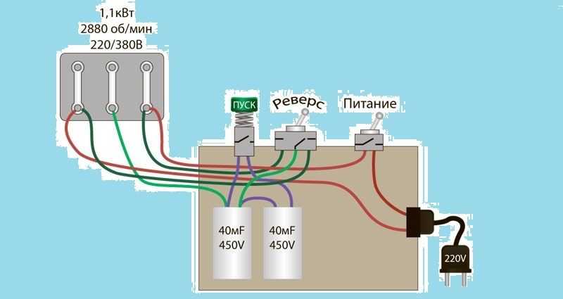 Схема подключения двигателя 380 на 220 через конденсаторы с пускателем с вращение в две стороны