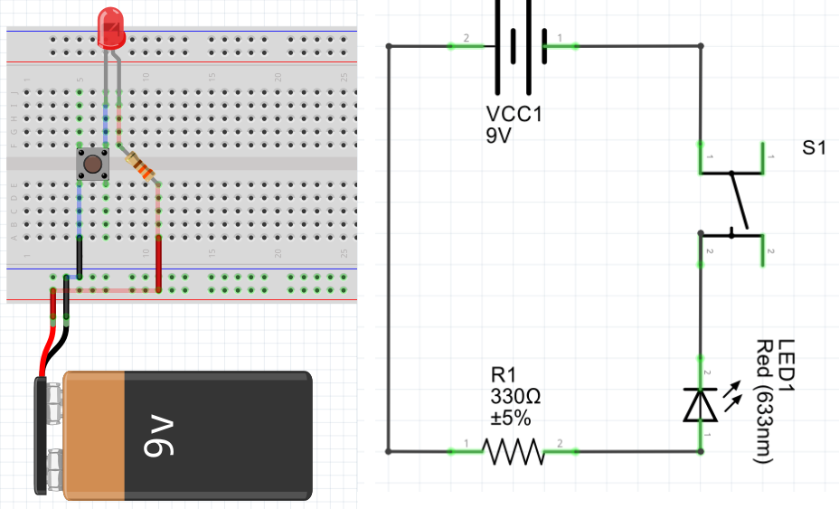 Схема подключения светодиода к кнопке