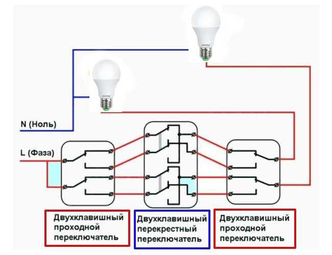 Схема управления освещением с трех мест с помощью проходных переключателей